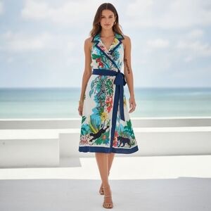 100% Silk Safari Print Wrap Halter Dress - Jungle Tropical Artsy - Tibi Size 4